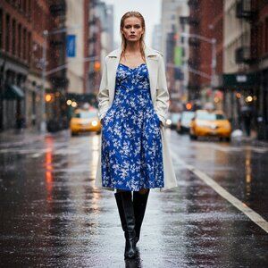 Liz Claiborne Blue Floral Cotton Midi Dress Romantic Cottagecore Casual Chic